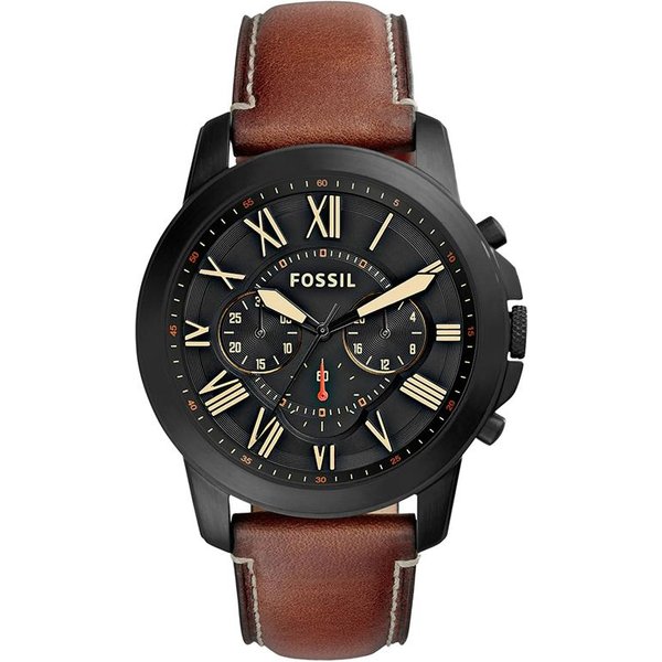 Reloj Fossil Grant CronóGrafo Esfera Negra Correa De Cuero MarróN Para Hombre - FS5241-image