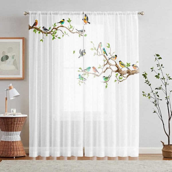 2 Piezas HD Digital Ramas Blancas Estampado De PáJaros Cenefa De Ventana Estilo De DecoracióN Del Hogar DecoracióN Sala De Estar Dormitorio Cortina Con Varilla W52H84Inchw132H213Cm White-image