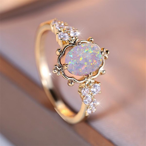 Anillos De Flor Con Piedra ÓPalo De Fuego Blanco Ovalado Para Mujer Vintage Color Dorado Anillo De Boda Nupcial JoyeríA De Piedra Natal Banda De Compromiso Regalo 10-image