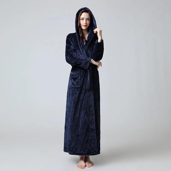 Jesień Zima Nowe Szlafroki Z Polaru Koralowego Szlafrok Z Kapturem Koszula Nocna Kobiety MięKka Odzież Do Spania Dla Zakochanych DłUgi Szlafrok Kimono Gruby Odzież Do Spania XL Black-image