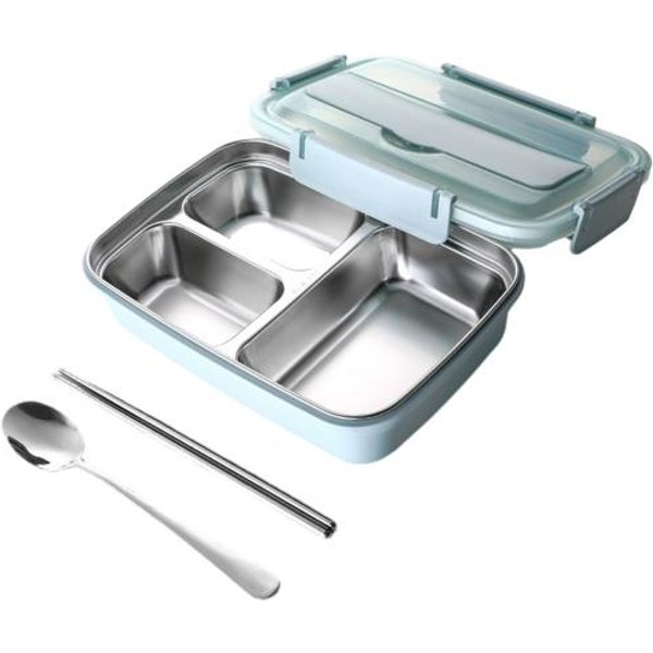 Lunch Box Ze Stali Nierdzewnej, WewnęTrzny Pojemnik Z 3/4 PrzegróDkami, Szczelny Bento Box Z PałEczkami, łYżKą I Uchwytem Na Telefon KomóRkowy A Niebieski-image