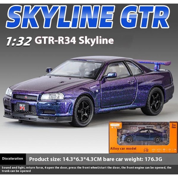 1:32 Nissan Gtr R34 Skyline Supercar Metalowy Odlew Diecast Model Samochodu Kolekcja Biurkowa WnęTrza Hobby Modny Ornament Prezent Urodzinowy-image