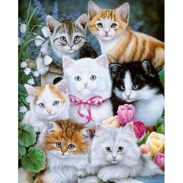 Pintura De Diamantes DIY 5D Familia De Gatos Bordado Punto De Cruz Mosaico De PedreríA 20X30CM-image