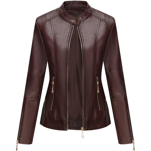 Nueva Moda Chaqueta De Cuero Para Mujer PU Cuero Abrigo Corto Chaqueta De Cuello Alto Chaqueta De Cuero Fina De Primavera Y OtoñO Para Mujer Chaqueta De Cuero Azul Marino 4XL Gray-image