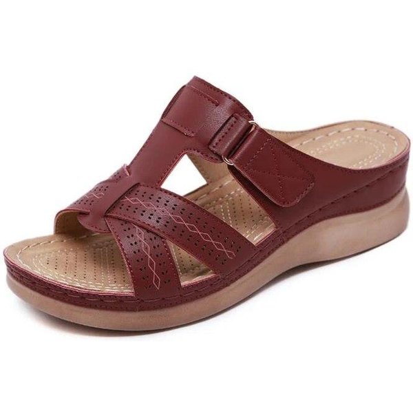 Sandalias De Mujer Con CuñA De Verano, Sandalias OrtopéDicas Premium Con Punta Abierta, Zapatos Retro Informales De Cuero Antideslizantes Vintage Con Plataforma Para Mujer 37 Claret-image