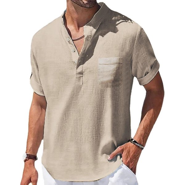 Camisas De AlgodóN Y Lino De Verano Para Hombre, Camisas De Manga Corta, Camisetas Casuales Con Cuello Henry Para Hombre, Camisas, Ropa Para Hombre XXL Caqui-image