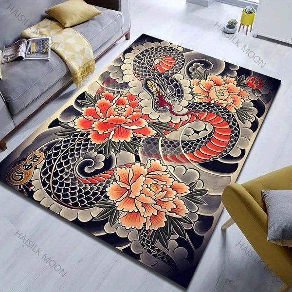 Wąż JapońSki Tatuaż Grafika Dywan Do Salonu Sypialni PrzyłóżKowy Sofa Mata PodłOgowa Nowoczesny WystróJ Domu Dywan Obszarowy DużY Rozmiar 40X60Cm (16X24In) White-image