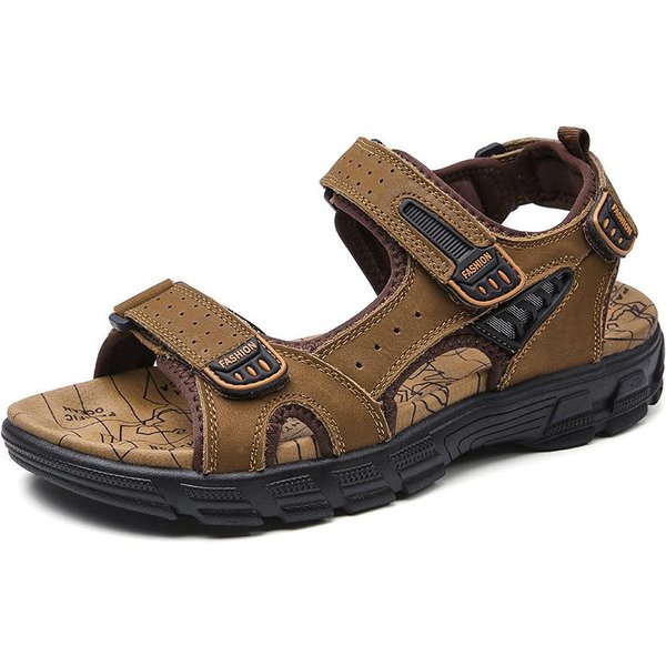 Sandalias De Verano Para Hombre Suela Gruesa Punta Abierta Capa De Piel De Vaca Zapatos De Playa Para Hombre Suela Blanda Moda Talla Grande Zapatos Casuales Para Exteriores 44 Black-image
