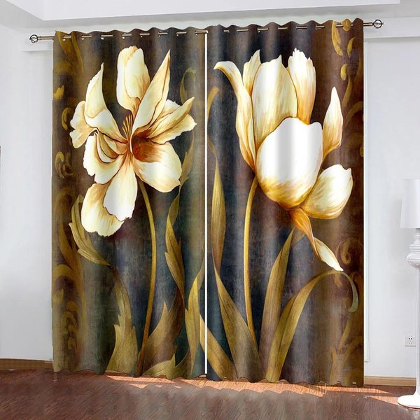 Cortinas De Sombreado Alto De Acuarela De Flores Para Cortina De Cocina Para Sala De Estar, Cortinas Modernas Para Dormitorio, Cortinas Para Ventana, 2 Uds. W55 X H120Cm X 2&Grommet Top-image
