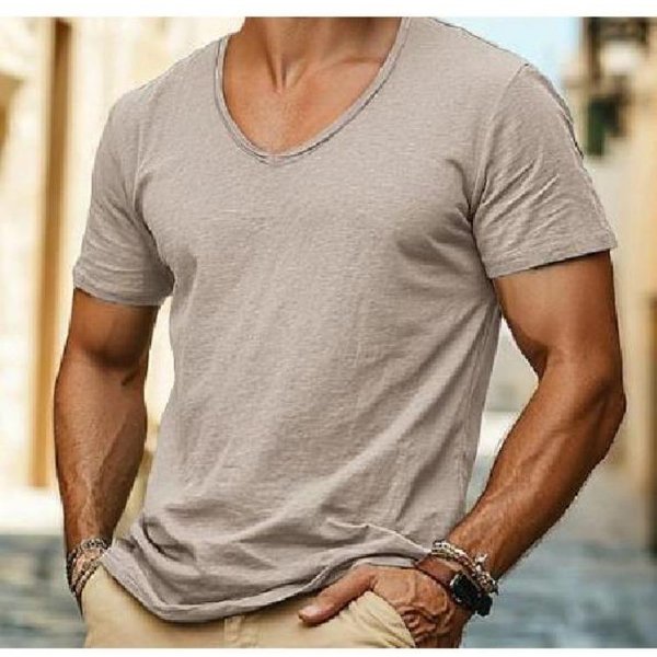 MęSka Koszulka Letnia BawełNiana Dekolt V KróTki RęKaw Codzienny Top Jednolity Kolor T-Shirt Z Splotem Nowy S Gray-image