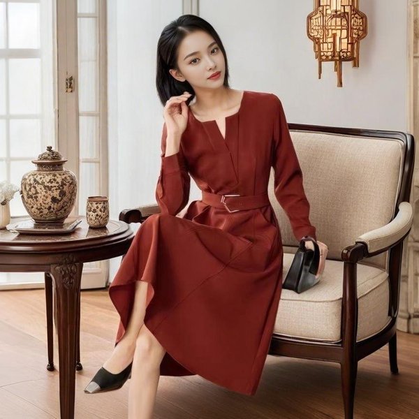 Vestido Delgado Con Escote En V Para Mujer En Primavera Y OtoñO Nuevo Cordones En La Cintura Adelgazante Falda De LíNea A Moderno 2XL Rojo-image
