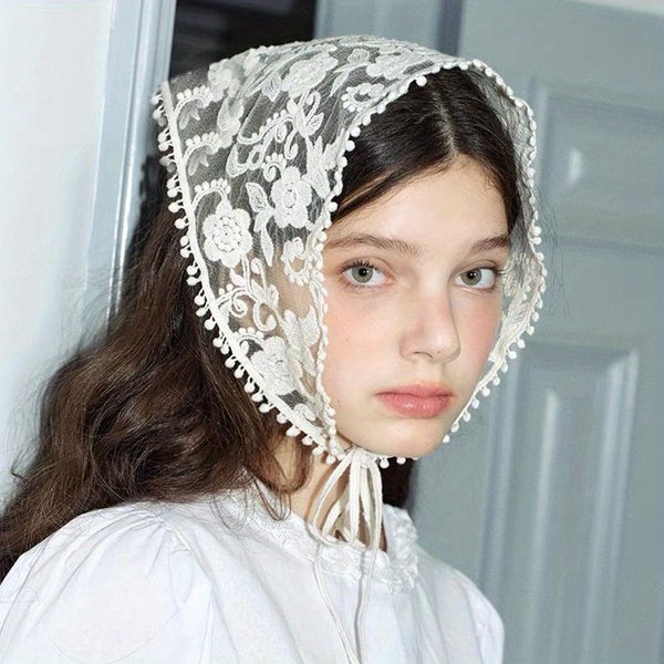 PañUelo Para El Pelo Con Encaje Floral Tejido Blanco Para Mujer, PañUelo Para La Cabeza Triangular Retro, Sombrero, Diadema Para Fotos De Viaje, Accesorios Para El Cabello Blanco-image