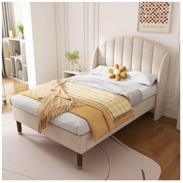 Cama Acolchada - Muvoe - 90X200 Cm - Terciopelo Beige - Somier De Lattes - 1 Plaza-image