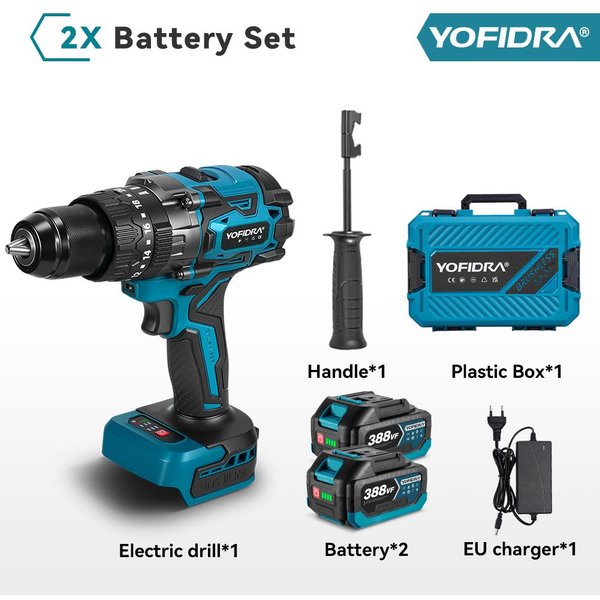Yofidra 900N.M Bezszczotkowa Wiertarka Udarowa Elektryczna 20+3 Moment Obrotowy 13Mm Akumulatorowe NarzęDzie WkręTarka/Wiertarka Dla Akumulatora Makita 18V Pin 2 Battery-Plastic Box-image