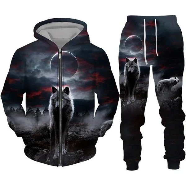 Kolorowy Wilk 3D Print Dres Hiphopowy Sweter Bluzy Z Kapturem Na Zamek Garnitur MężCzyźNi Kobiety Kid Casual Bluza Z Kapturem Spodnie Zestaw Do Joggingu S Gray-image