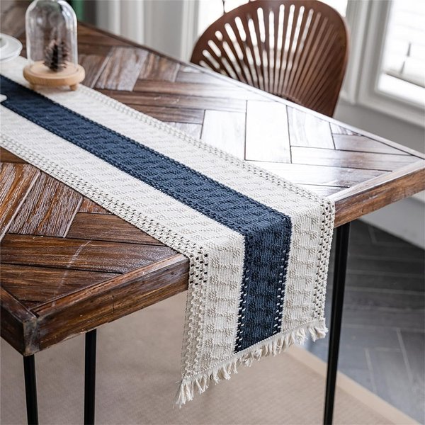Boho Rustykalny Dekor ŚLubny BawełNiano-Lniany BieżNik Na Stół Z FręDzlami 30X180Cm-image