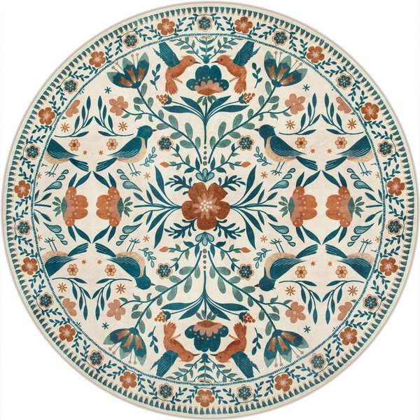 OkrąGłY Kwiatowo-Ptasi Dywan - ŻYwe PomarańCzowo-Niebieskie Kwiaty, Symetryczny Boho Dywan Do Salonu, Dekoracja Inspirowana Naturą 180Cm-Dia.-image