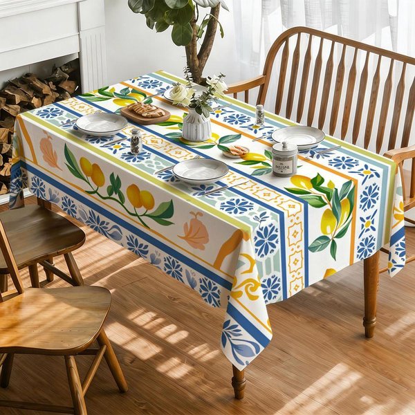 Mantel Estilo MediterráNeo Estampado Floral De LimóN Para DecoracióN De Mesa Verano LimóN Flor Azul Mantel Para Mesa De Cocina Comedor DecoracióN Del Hogar 90X140Cm Gray-image