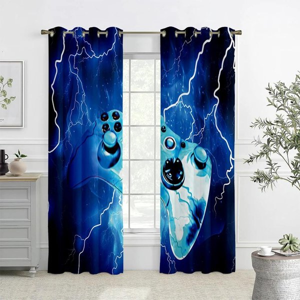 Cortinas Decorativas De Dibujos Animados Blanco Y Negro Para Ventana De HabitacióN De NiñOs, NiñOs, Dormitorio, Estudio, Con Controlador ElectróNico Para Videojuegos, 2 Paneles W60Xh100(Cm)X2Pcs&Rod Pocket-image
