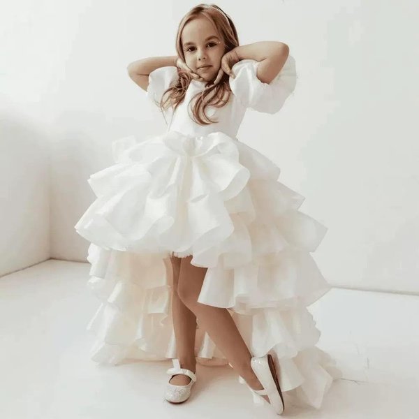 Vestido De Princesa Abullonado Con Tirantes Finos Para NiñA 2026 - Dulce Estilo Formal Corto Por Delante Largo Por DetráS 140 Cm De Blanco-image