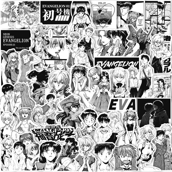 70/75 Szt. Czarno-BiałE Naklejki Szkicowe Neon Genesis Evangelion Klasyczne Naklejki Anime Na Notes Deskorolkę Rower Naklejka-image