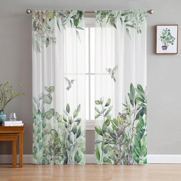 Acuarela Hojas De Plantas Colibrí Verde Cortina TraslúCida Para Ventana Tul Cortinas Para Sala De Estar Dormitorio DecoracióN Del Hogar Cortinas Voile 135W X 114H(Cm) White-image