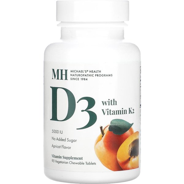 Michael's Naturopathic, Que Contiene Vitamina D3, Vitamina K2, Sabor Albaricoque, 5000 Ui, 90 Masticables Vegetales-image