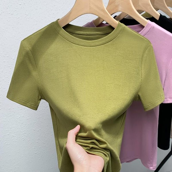 Camiseta De Manga Corta Con Hilo Para Mujer, Nueva Camiseta De Verano Para Mujer, De Color SóLido, Cuello Redondo, Top De Cintura 2XL Verde-image