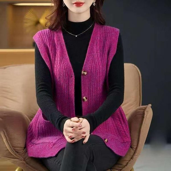 Damski Dzianinowy Sweter Bez RęKawóW Z Dekoltem W Serek Warkocz Jednolity Kolor Kamizelka Kardigan CiepłA MięKka Kamizelka Jesień Zima XXL RóżA, Czerwony Kolor-image