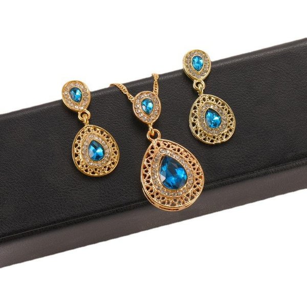 Nuevos Pendientes De Cristal, Colgante De Gota De Agua, Conjunto De Tres Piezas, Conjunto De Pendientes Y Collar De Moda. Azul-image