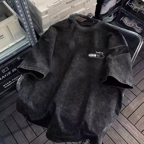 Camiseta Lavada Negra Vintage Arce Holgada Casual Cuello Redondo Streetwear Suave CóModa Mangas Cortas Para Hombres Mujeres M Black-image