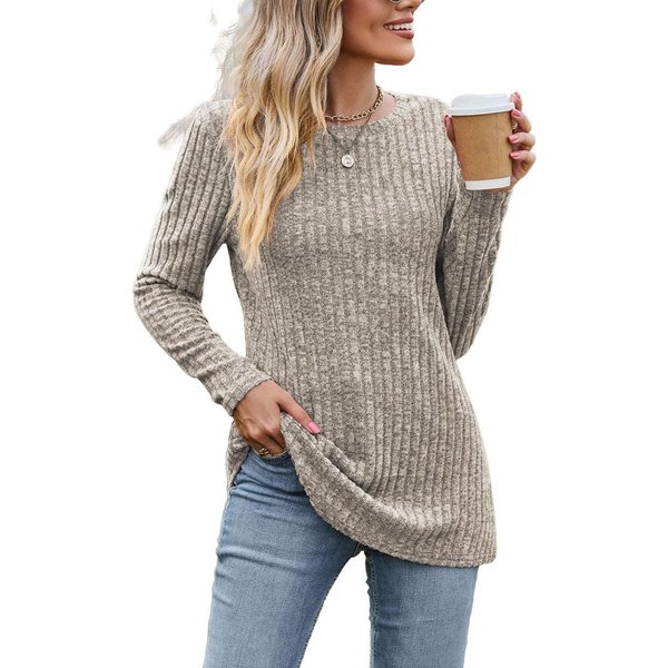 Blusas Y Camisas Casuales De Moda Para Mujer Jpntky Estampado De Color SóLido Manga Larga Cuello Redondo XXL-image