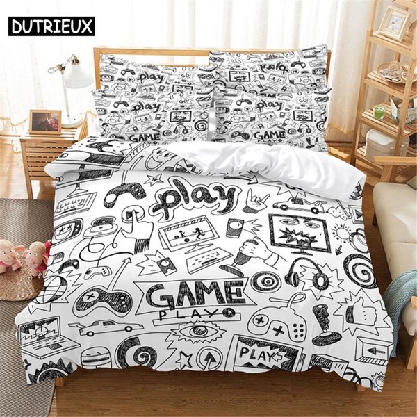 Juego De Cama Gamer Queen Juego De Ropa De Cama Funda NóRdica Juego De Ropa De Cama Cubrecama AlgodóN Queen Dormitorio Juego De Cubrecama Juego De Cama Ropa De Cama EU Single(135X200Cm)&Set Gray-image