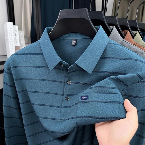 2025 Camiseta Polo De Manga Larga Para Hombre Primavera Y OtoñO Con Cuello Rayado Y Bolsillos Sueltos 4XL Gray-image