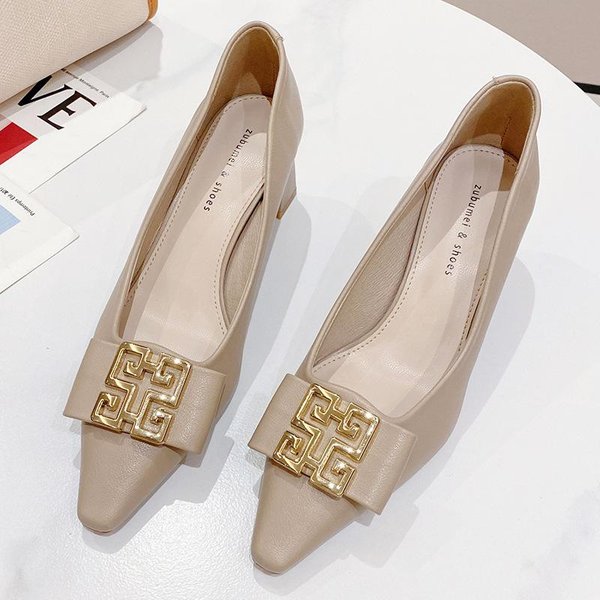 VersióN Coreana Punta Cuadrada TacóN Grueso Zapatos De TacóN Alto Temperamento Profesional Zapatos De SalóN Mujer Hebilla Cuadrada Simple Moda Zapatos De Mujer 39 Beige-image