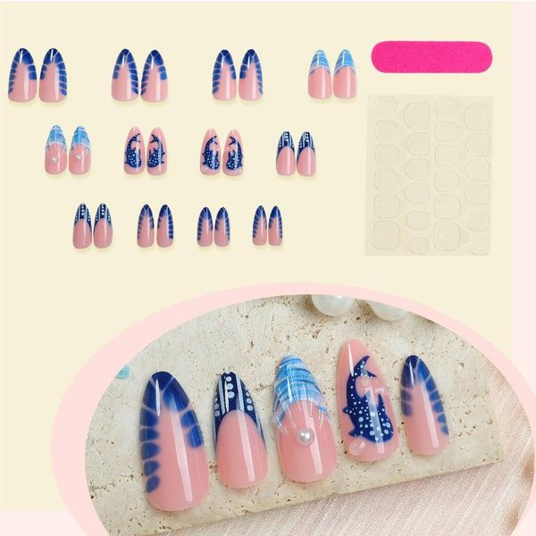 24 Piezas Pegatinas 3D Para UñAs Forma De Almendra, PatróN De Ballena, Punta Francesa Azul Perla De SimulacióN, UñAs Postizas AcríLicas Para Mujeres NiñAs Manicura DIY Suministros Para UñAs Brown-image
