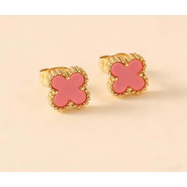 MałE Kolczyki Sztyfty Czterolistna Koniczyna 9 Mm, Stal Tytanowa 18K ZłOta, Odporne Na Przebarwienia Masa PerłOwa, Damska BiżUteria Fashion. Gold Beige-image