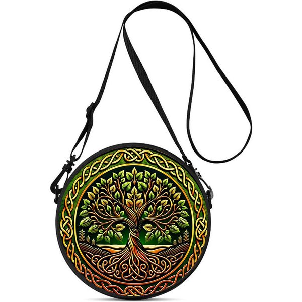 Bolso Redondo Con Estampado ÁRbol De La Vida Hombro Bolso Cruzado Casual Correa Ajustable Diaria Para Mujer Mejores Regalos Plano 2D Black-image