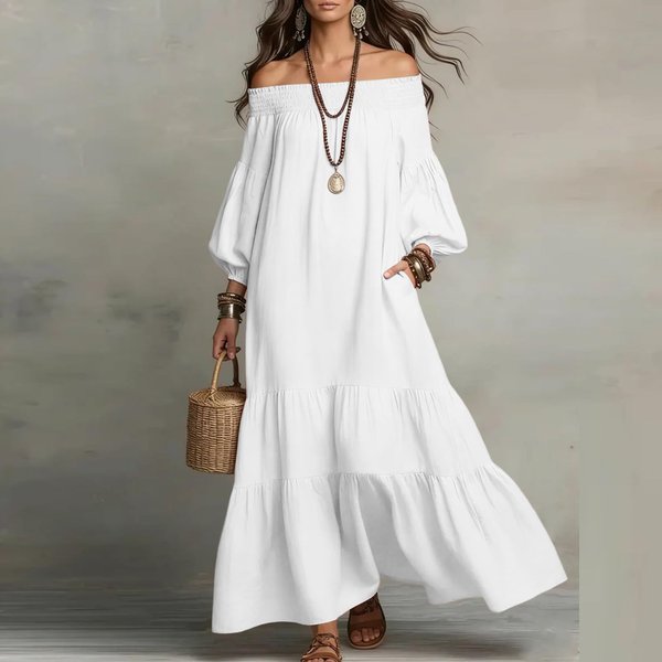 Vestidos De Verano Para Mujer 2026 Vestidos Casuales De Hombros Descubiertos Para Mujer Corte Holgado Vestidos Midi Para Mujer Vestido De GraduacióN S Blanco-image