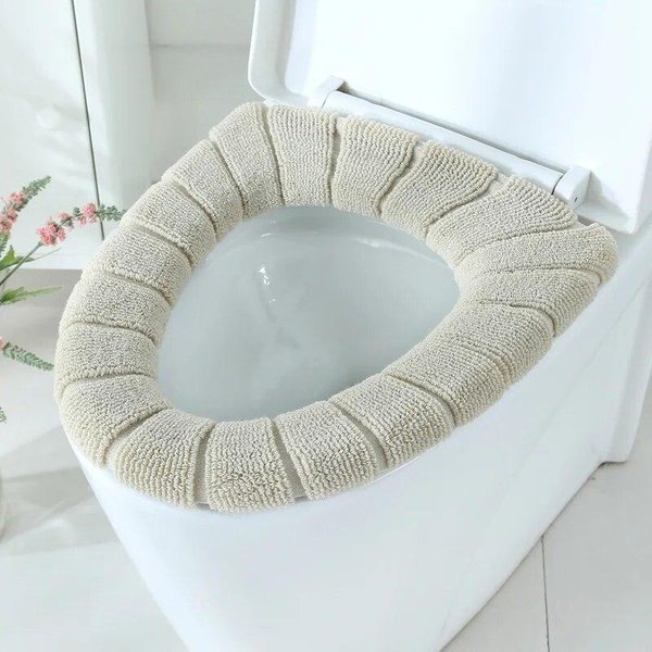 Asiento De Inodoro Para BañO Con Asa, Inodoro, Lavable, Suave, Para Invierno, Almohadilla Para Calentar El Asiento Del Inodoro En Forma De O, Fundas Para Bidé Beige-image