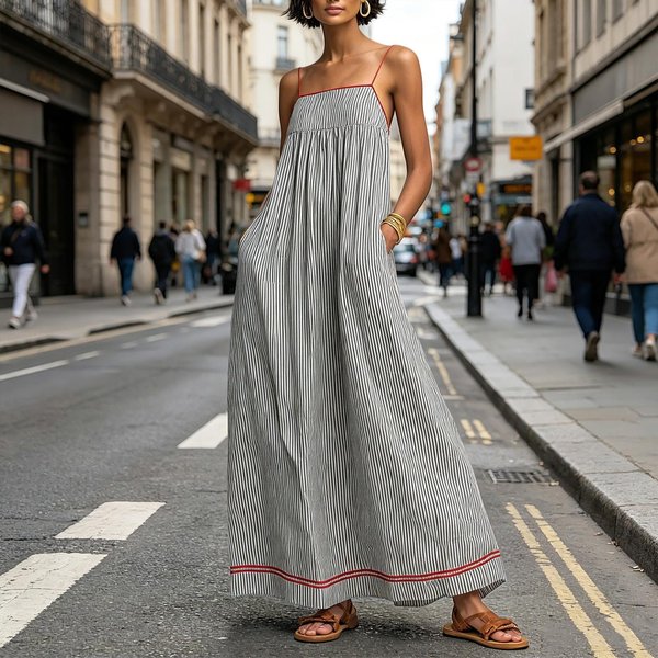 Vestido Largo De Verano Sin Mangas Para Mujer Casual Largo Con Tirantes Finos Ajuste Holgado Vestido Largo De Verano Con Bolsillos Tejido Ligero Transpirable L Gray-image