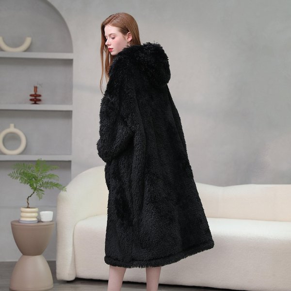 MięKka CiepłA Nocna Koszula Z Kapturem Gruba Koralowa WełNa Damska Jesień Zima Bielizna Nocna LuźNa Flanelowa Domowa Sukienka Ubranie Do Domu Koszula Nocna Szlafrok One Size Black-image