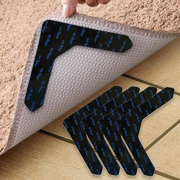 8 Sztuk TaśMa Dywanowa AntypośLizgowa TaśMa Dywanowa Wielokrotnego UżYtku PodkłAdka Pod Dywan Dwustronna Naklejka Na Dywan Utrzymuj Rogi PłAsko 4Pcs Czarny-image