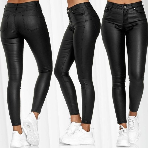 Damskie Spodnie Skinny Z Wysokim Stanem Ze Sztucznej SkóRy, Jednokolorowe, WąSkie, OłóWkowe, Codzienne Spodnie M Czarny-image
