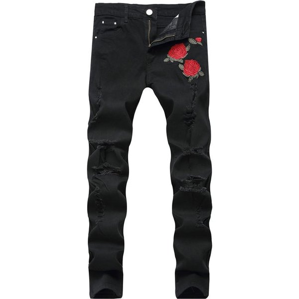 Jeans Negros Rasgados Con Bordado Para Hombre Con Flores Bordado De Rosa Jeans De Tela Vaquera Para Hombre Pantalones Jeans Skinny EláSticos 31 Black-image