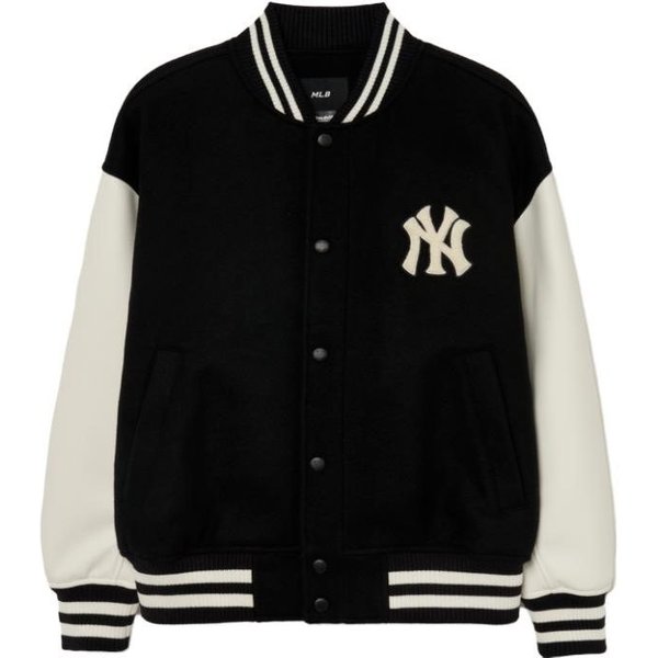 MLB New York Yankees Bloque De Color Cuello Alto Hombro CaíDo Holgada Americana Vintage Informal Chaqueta Chaqueta Unisex Negra 3AJPV0634-50BKL M White-image