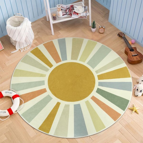 Retro TęCzowy WzóR SłOńCa Dywanik Zmywalny OkrąGłY Dywanik Mata PodłOgowa AntypośLizgowa PokóJ DziecięCy PokóJ Zabaw Salon Dekoracja Domowa 50X50Cm-image