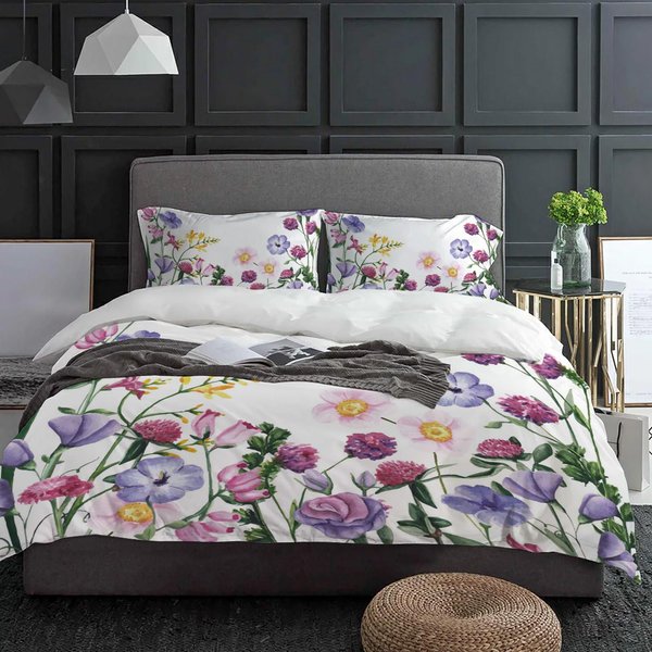 Color Flor Acuarela Planta Funda NóRdica Con Funda De Almohada EdredóN Personalizado Juego De Cama De 3 Piezas Cubre EdredóN Cama Doble Textil Para El Hogar EU Single(135X200Cm) Gray-image