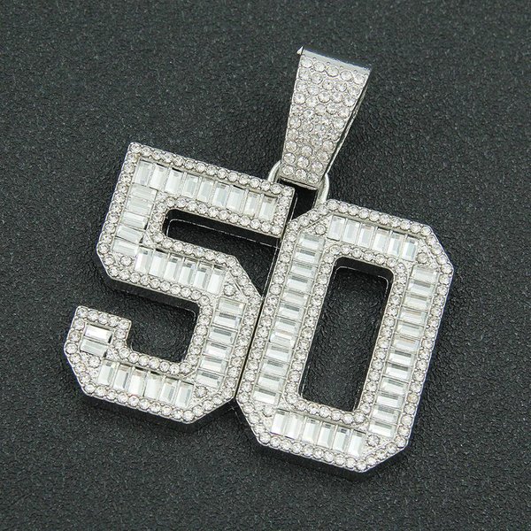 High Street Hip Hop MęSka Spersonalizowana Modna Marka Kwadratowy Cukierkowy Szklany Diament PełNy Diament Liczba 50 Wisiorek BiżUteria ŁAńCuch KubańSki Gray-image