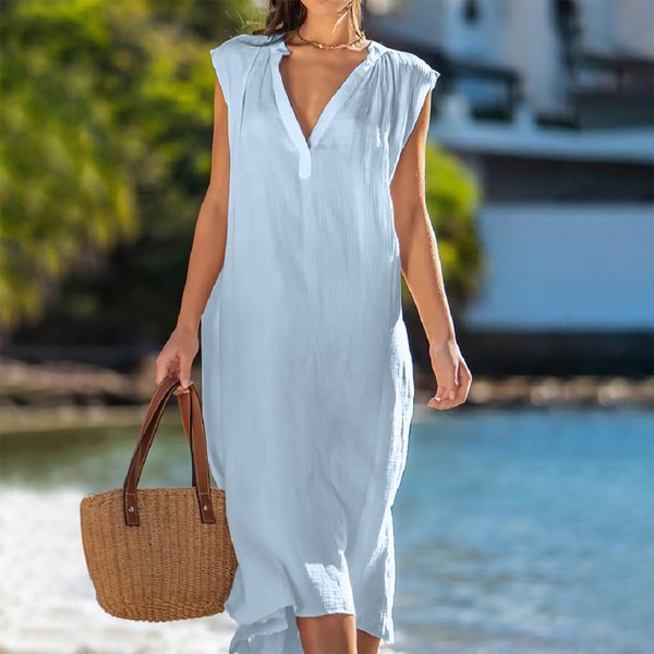 Vestido De Mujer AlgodóN Lino Sin Mangas Color SóLido Holgado Cuello En V Vestido Casual Verano 2XL White-image